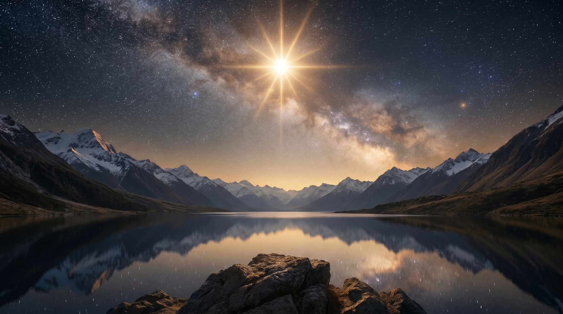 Starlit mountain lake under a cosmic sky
