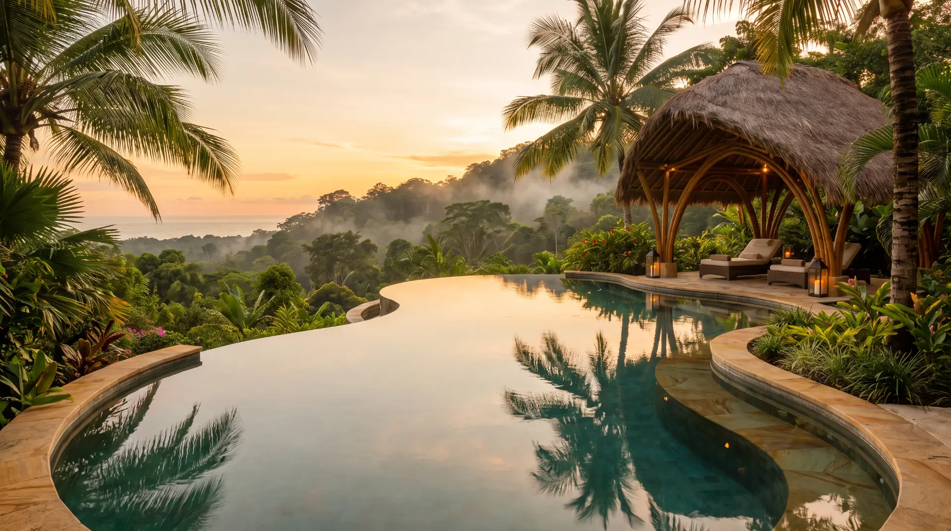 SuperNova Costa Rica — jungle infinity pool at golden hour